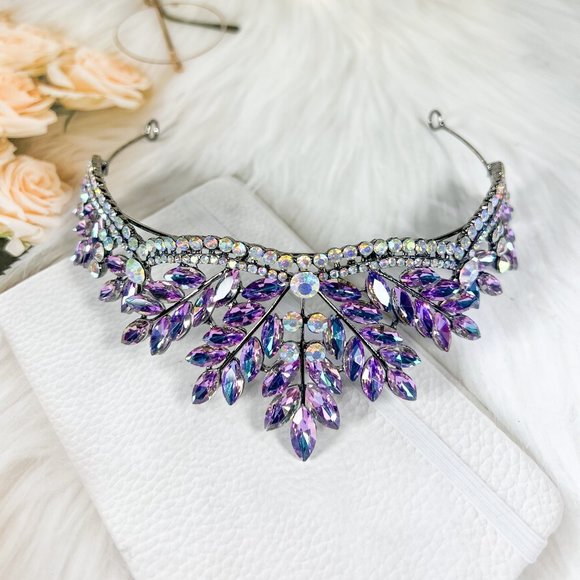 Purple Gemstone Wedding Tiara Headband for Women, Purple Rhinestone Leaf Crown - Picture 3 of 6